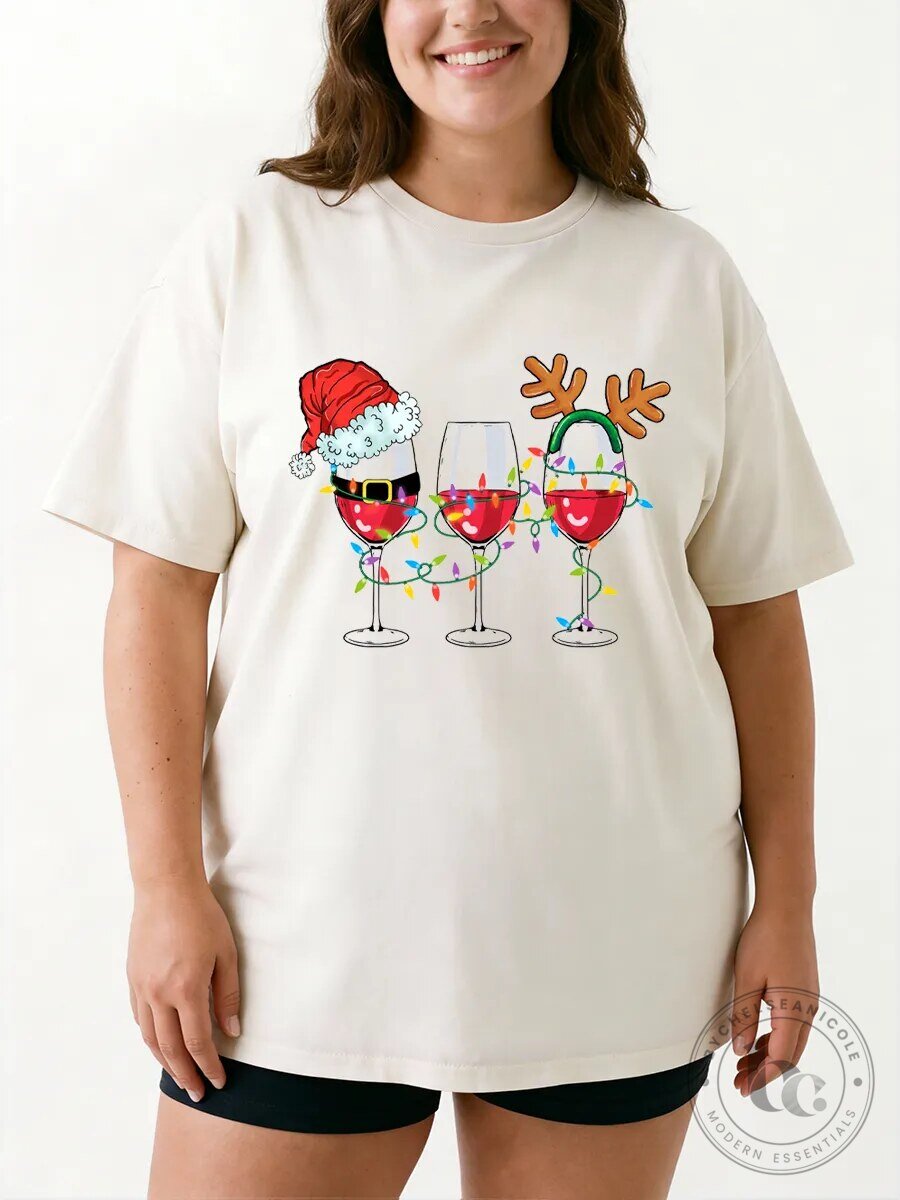 Christmas Wine Glasses Holiday Lights Funny Graphic T-Shirt