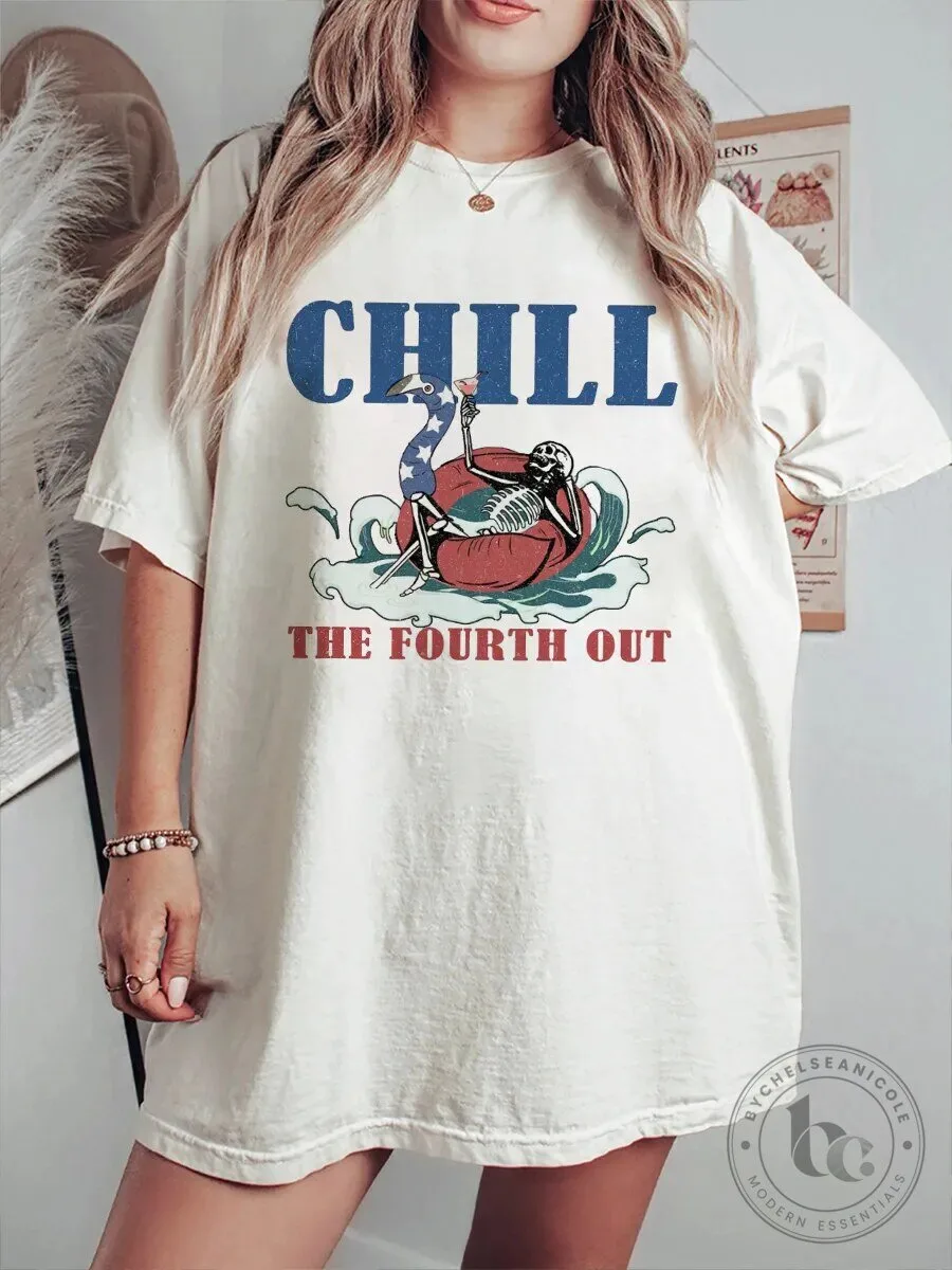 Chill The Fourth Out Skeleton Flamingo Inflatable Ring Funny T-Shirt