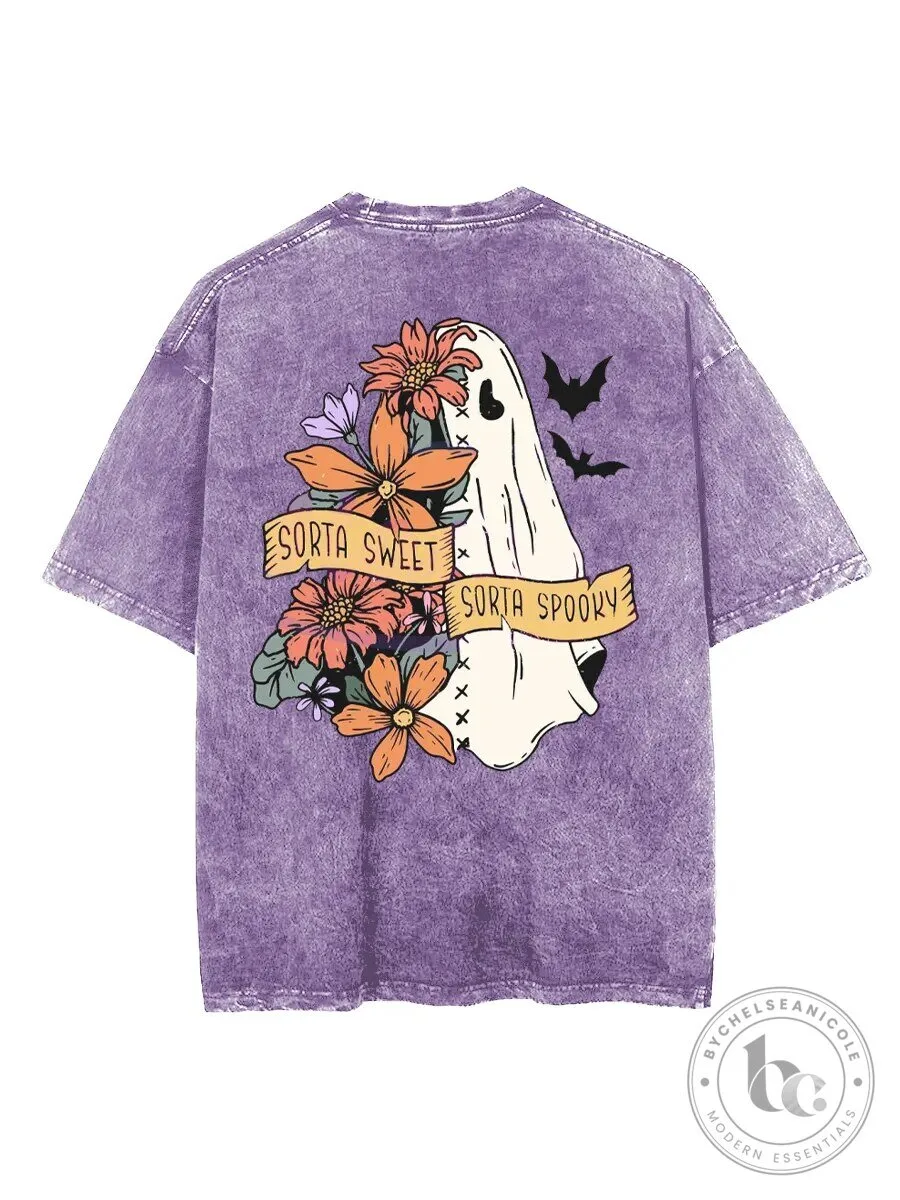 Sorta Sweet Sorta Spooky Ghost and Flowers Vintage Washed T-Shirt