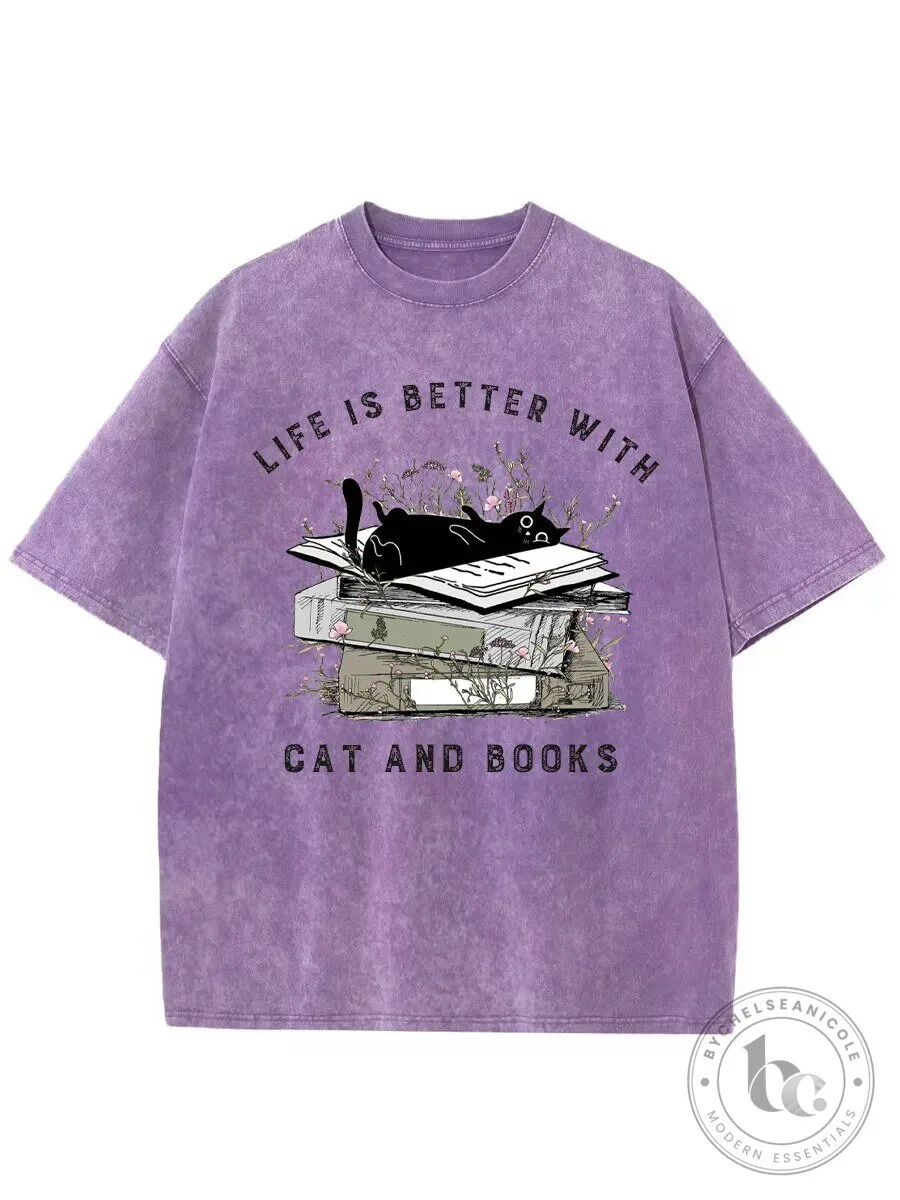 Life Is Better With Cats And Books Vintage Floral Washed T-Shirt