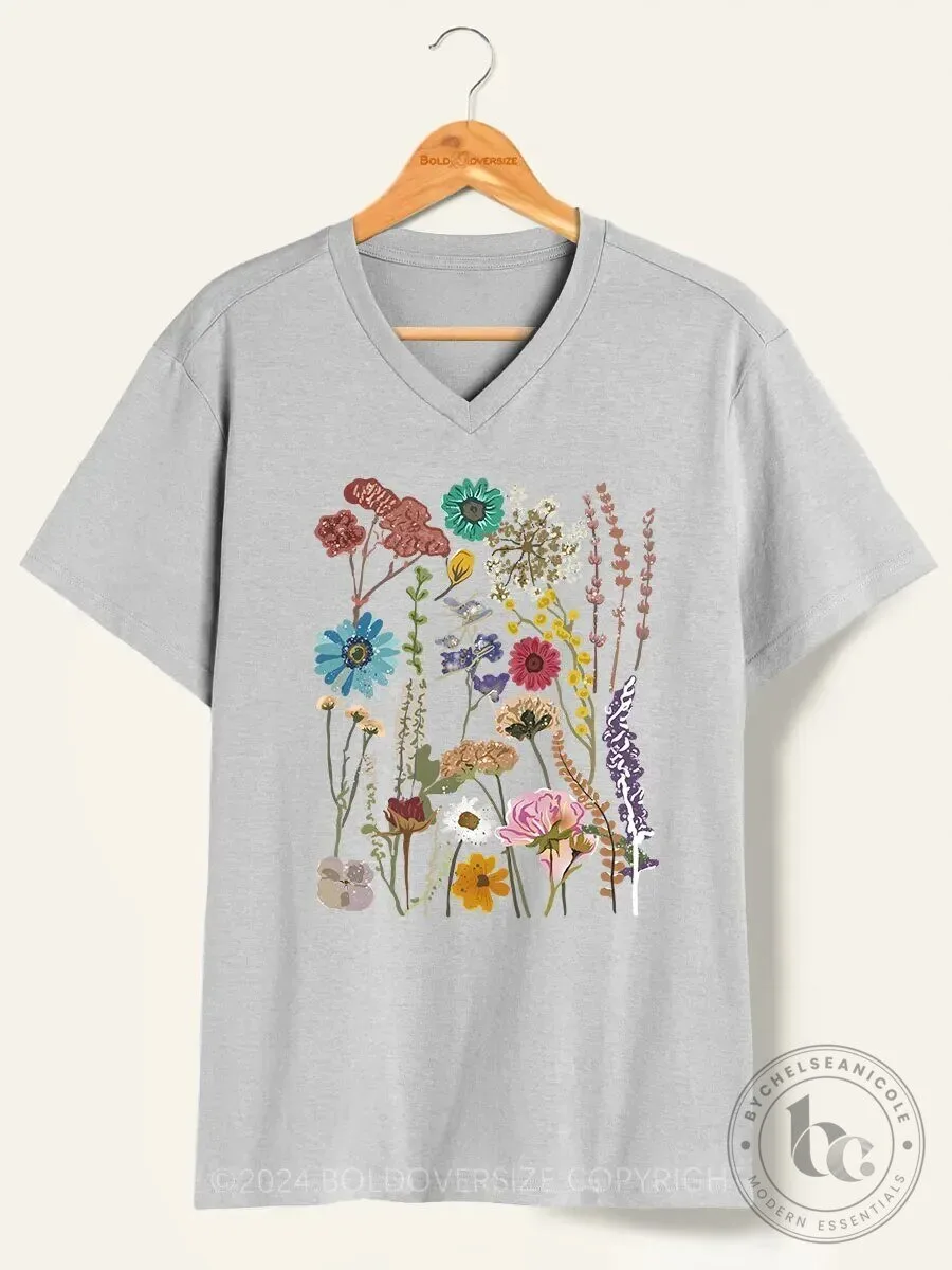 Vintage Pressed Flowers V-Neck T-Shirt Botanical Garden Floral Design