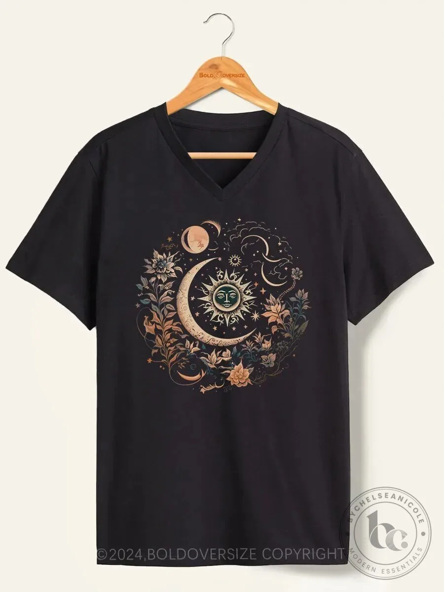Mystic Sun and Moon Floral Celestial Design V-Neck T-Shirt