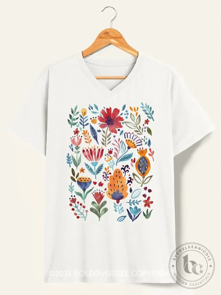Vintage Wildflower Meadow Botanical V-Neck T-Shirt for Women