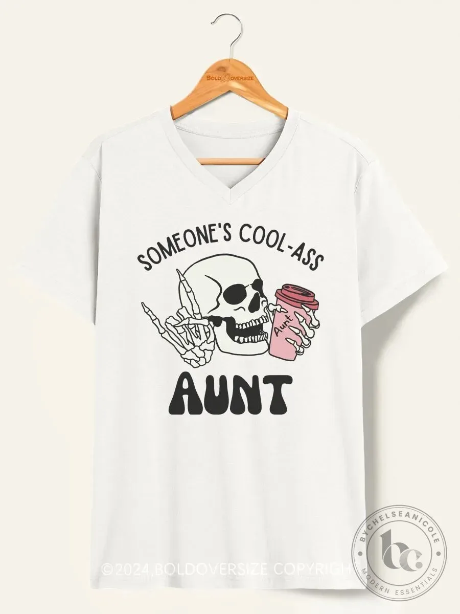 Someone's Cool-Ass Aunt Skeleton Drinking Coffee V-Neck T-Shirt
