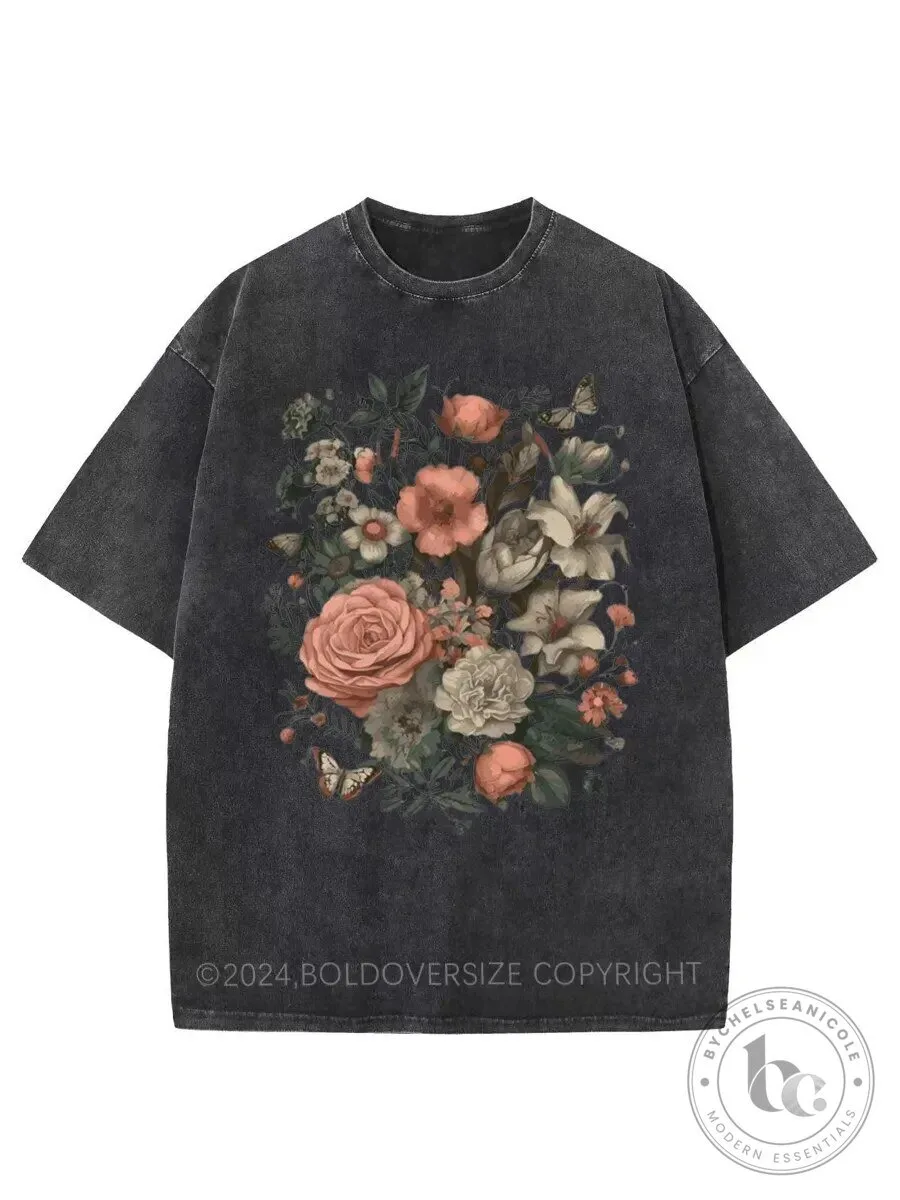 Vintage Wildflower Bouquet Washed Oversized T-Shirt Trendy Floral Design